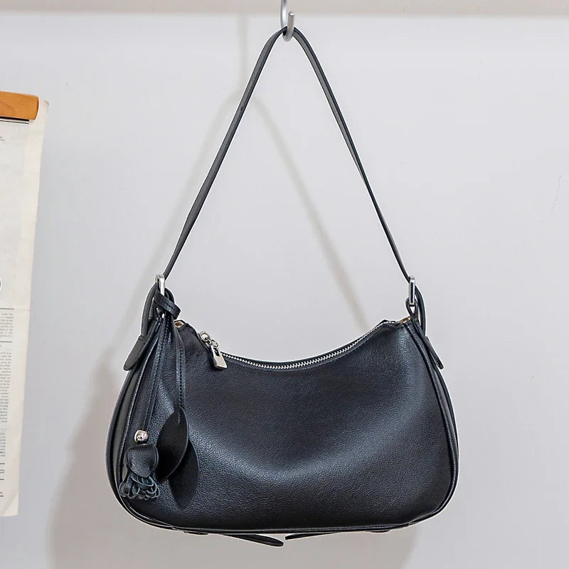 Genuine Cowhide Leather Slouchy Hobo Shoulder Bag for Women Pebbled Leather Crossbody Bag with Tassel Charm Luxury Designer Bag