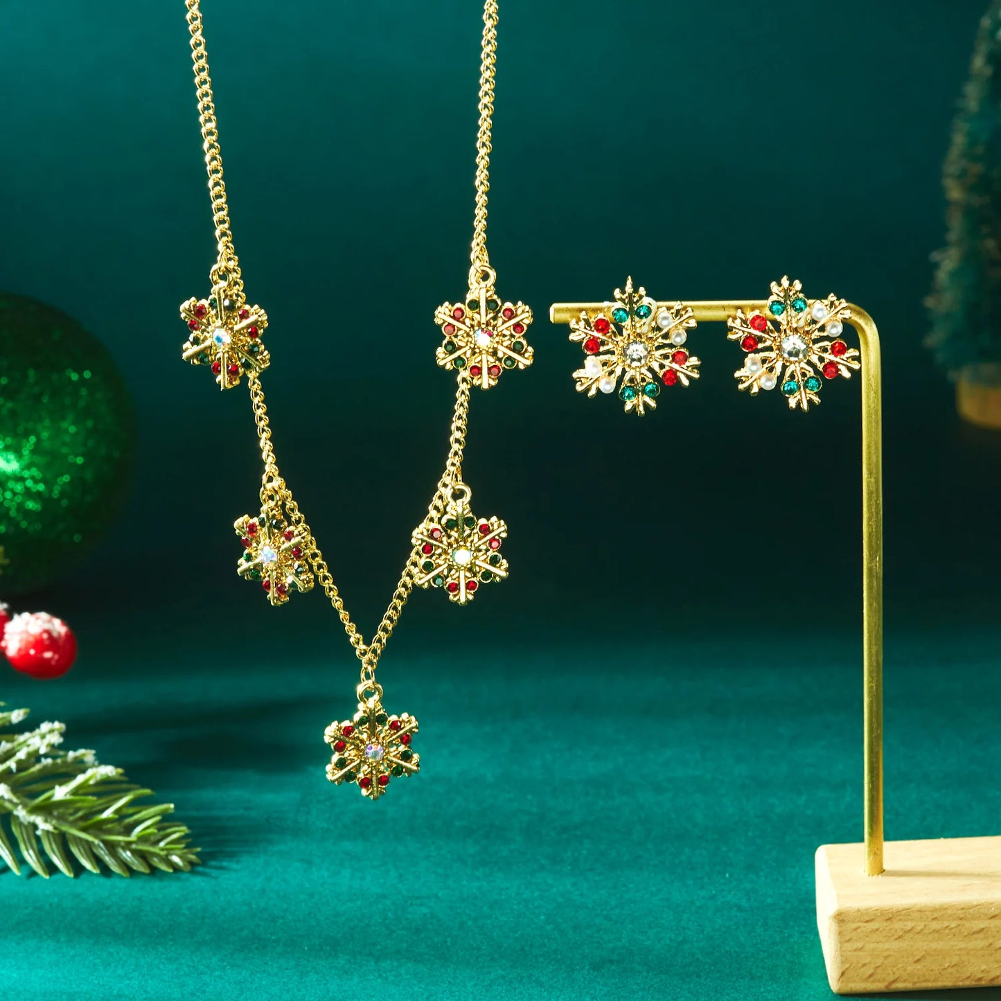 Christmas Colorful Rhinestone Imitation Pearl Snowflake Necklace Earrings Set For Women 2026 Xmas Jewelry Set Holiday Party Gift