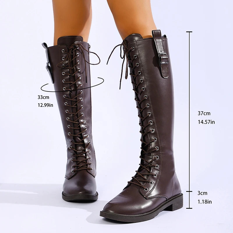 Fashion Lace Up Low Heels Knee High Boots Women Plus Size 43 Side Zipper Pu Leather Long Boota Woman 2026 Goth Punl Riding Botas