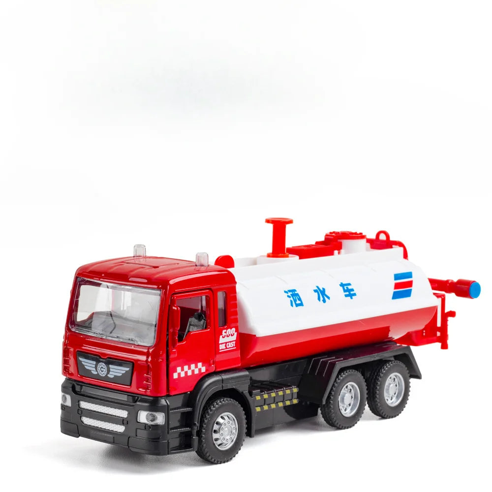 1/50 Sprinkler Truck Model Car Toy Alloy Diecast Engineering Vehicle Rubber Tire Sound Light Pull Back Toy Birthday Gift for Kid