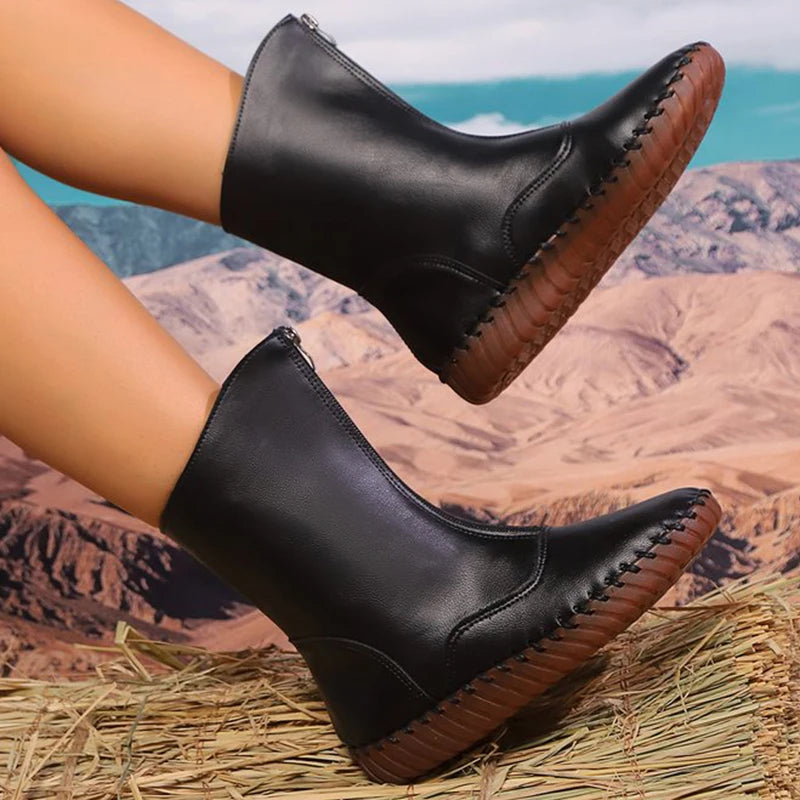 Vintage Pu Leather Mid-Calf Boots Women Winter Thick Warm Short Plush Boots Woman Zipper Flat Heel Beige Black Botas Mujer