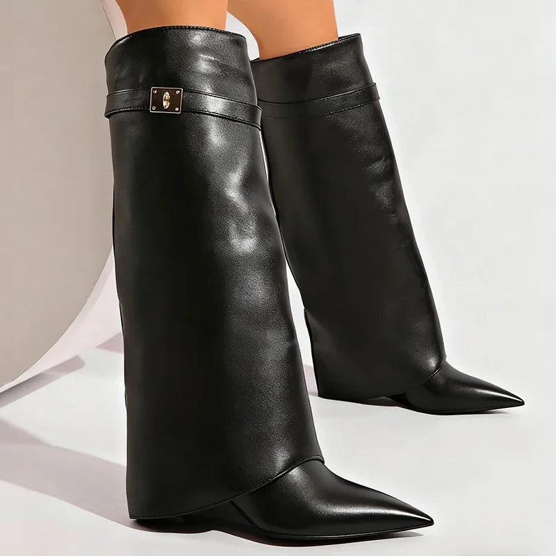 Black Pu Leather Knee High Boots Women Sexy Pointed Toe Straight Leg Boots Woman Punk Style Wedge High Heels Long Botas Mujer