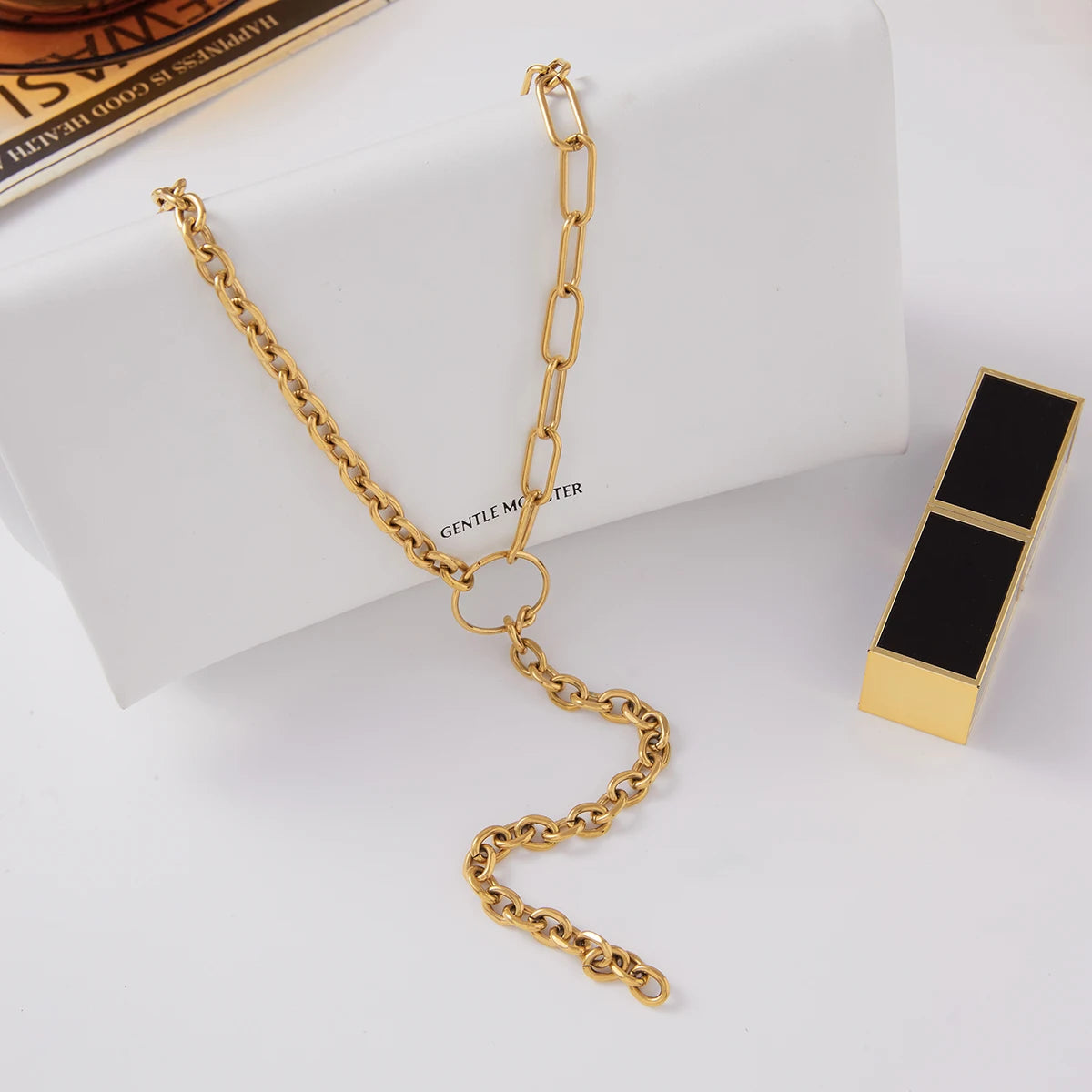 Uworld Minimalist Asymmetric Chain Y-shaped Chain Tassel Necklace 18K Gold Color Plated Stainless Steel Women's Jewelry