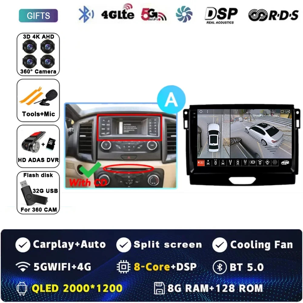 For Ford Ranger 2015 2016 2017 2018 2019-2022 Android 16 Car Radio Stereo QLED Screen GPS Multimedia Carplay Autoradio Head unit