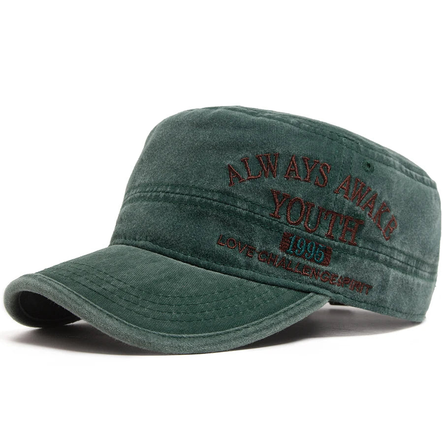 Vintage Flat Hat Men Letter Embroidery Visor Military Cap Outdoor Summer Retro Army Trucker Hats Women Baseball Caps Adjustable