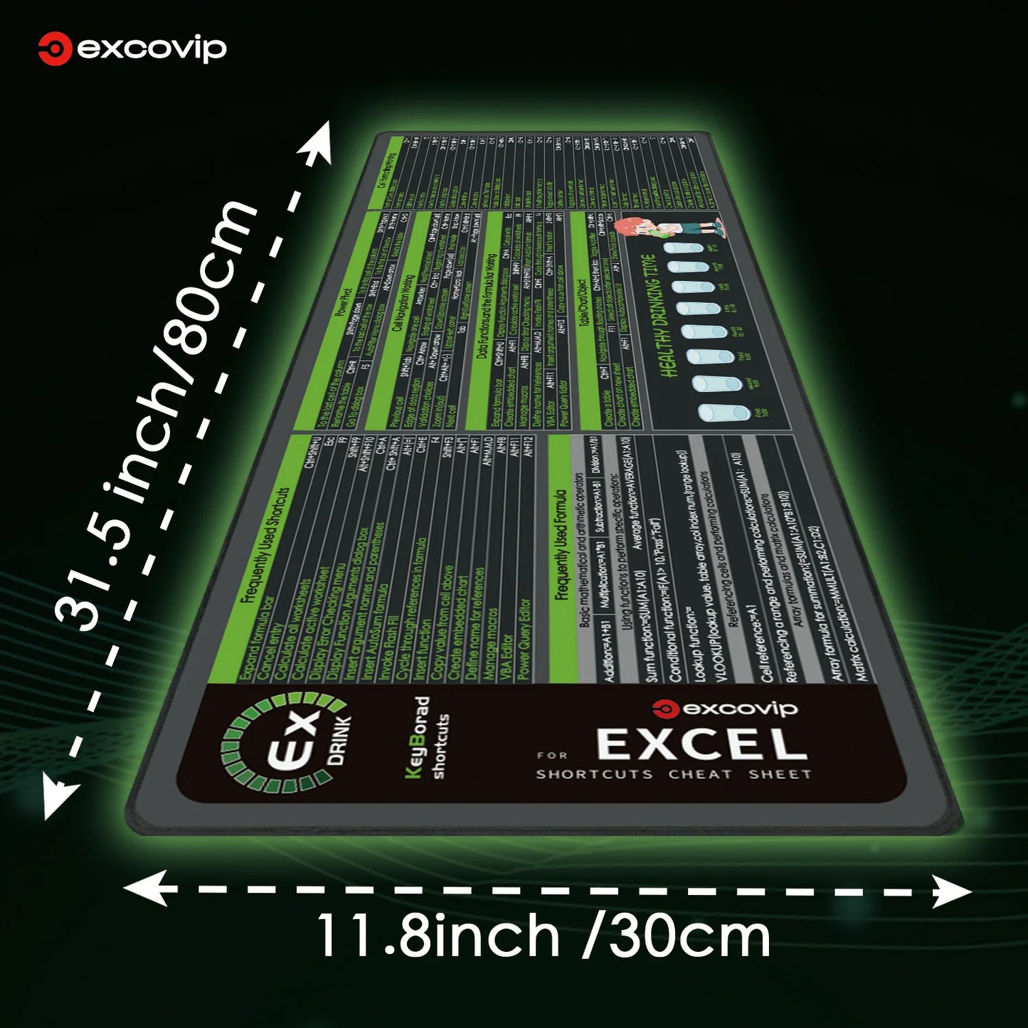 EXCO Excel Mouse Pad Large Shortcuts Keyboard Mousepad Office Cheat Sheet Desk Mat with Stitched Edge Non-Slip Rubber Base
