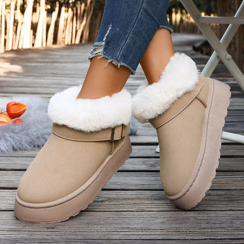 Fluffy Fur Platform Snow Boots Women 2025 Fashion Buckle Short Plush Ankle Boots Woman Comfortable Thick Sole Warm Winter Shoes