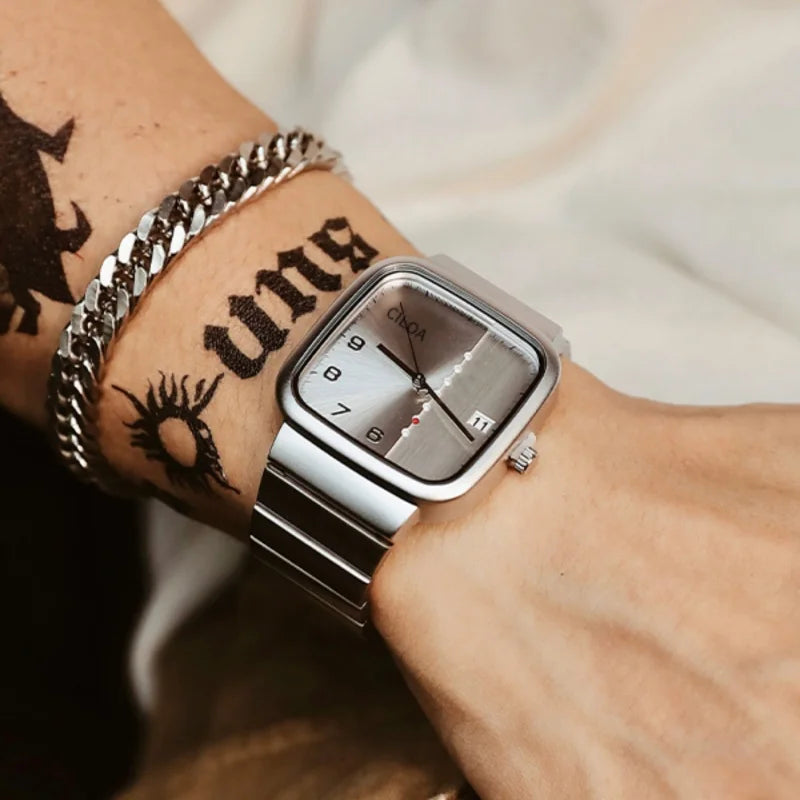 Men Silver Square Dial Year Watch, Fashion, Stainless Steel Strap, Waterproof