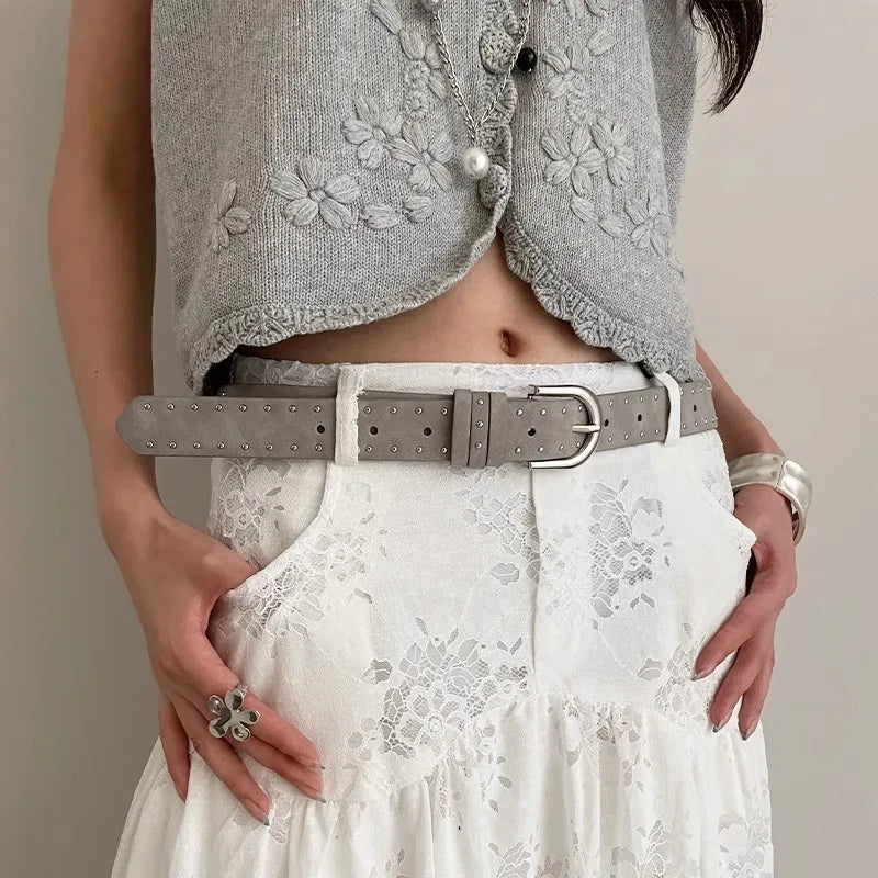 Retro Solid Color Rivet Belt Ladies Niche High-Grade Feeling Punk Belt With Skirt Jeans Belt Accessories