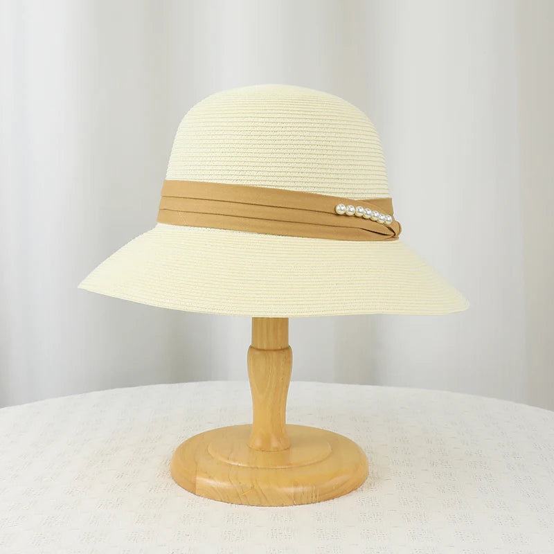 6178-New summer women's sun-protective hat - trendy pearl straw hat for beachandvacation-large-brimmed sun hatforoutdooractivies