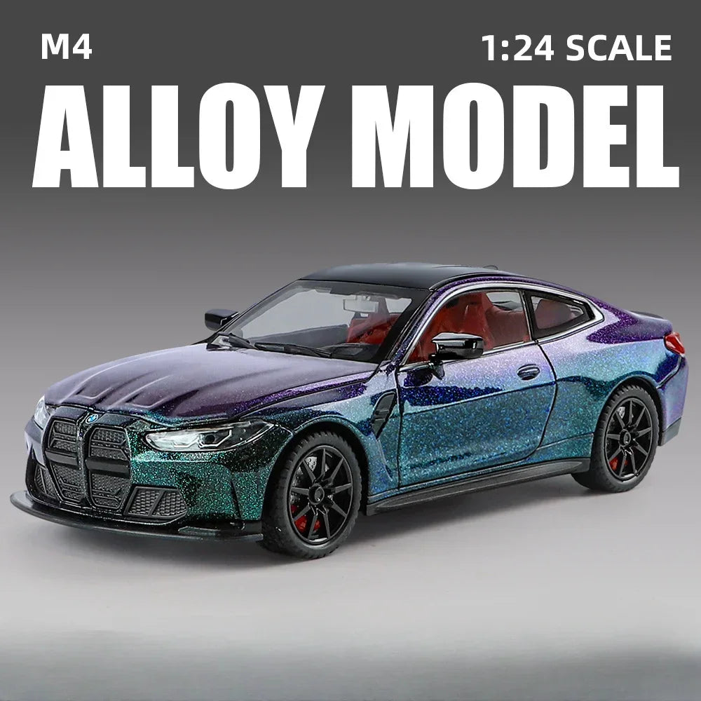 Scale 1/24 M4 Car Model Toy Diecast Alloy Vehicle 4 Doors Opened Metal Body Rubber Tire Sound Light Pull Back Toys Gift for Kids