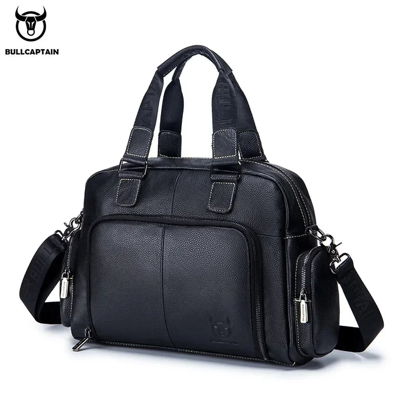 BULLCAPTAIN Men's Leather Briefcase Can Be Used For 14-Inch Laptop Business Shoulder Messenger Handbag Leisure Travel Bags