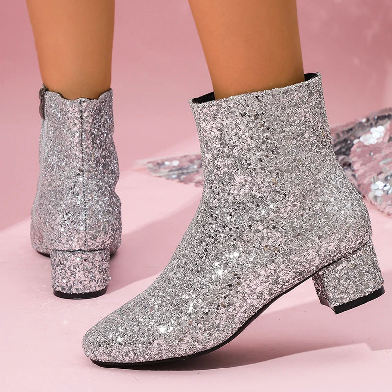 Women's Sparkling Silvers Glitter Ankle Boots Fashion Chunky Mid Heel Zipper Short Boots Women Round Toe Plus Size Botas Mujer