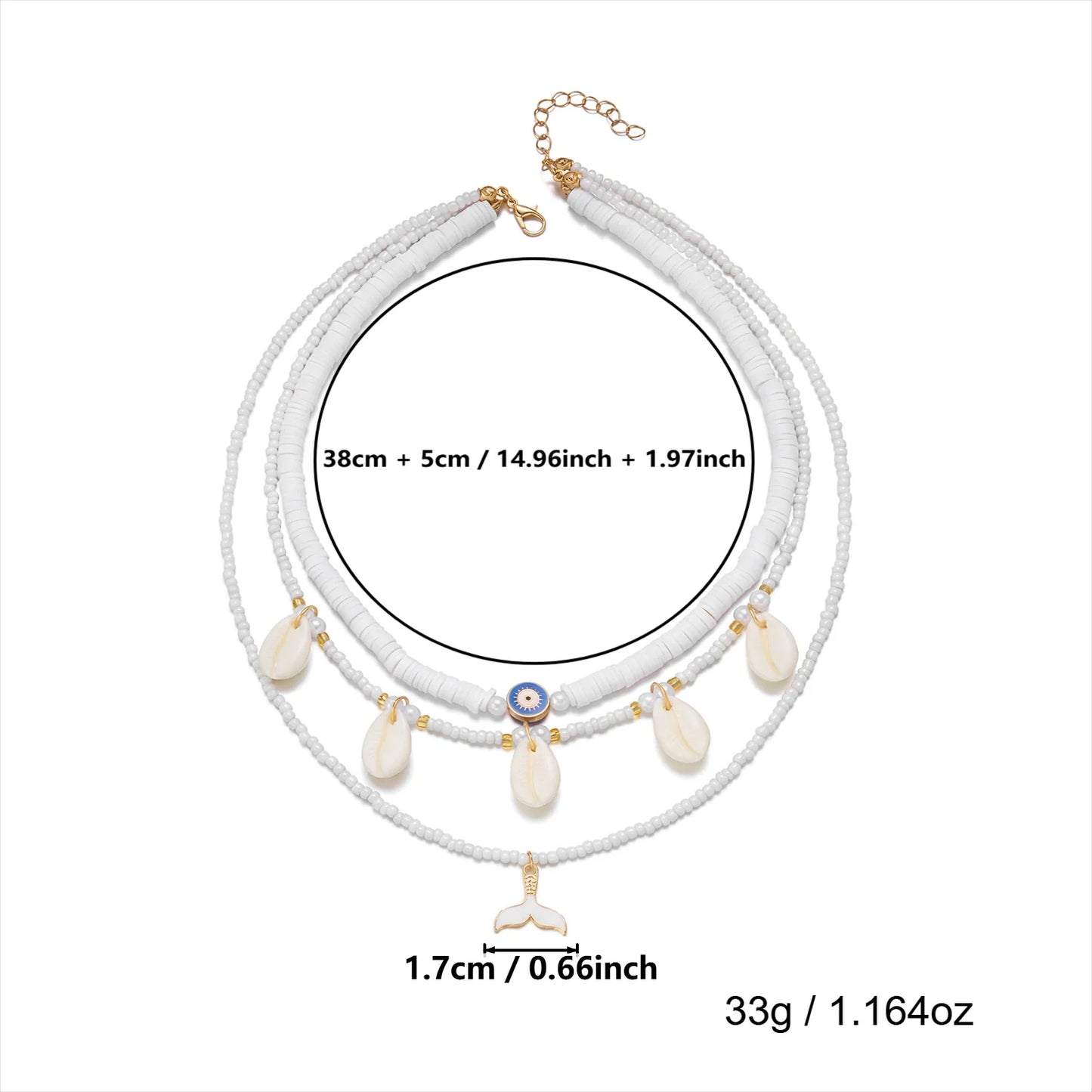 3Pcs/Set Pearl Shell Fishtail Evil Eye Necklace Set For Women Bohemian Ocean Pendant Choker