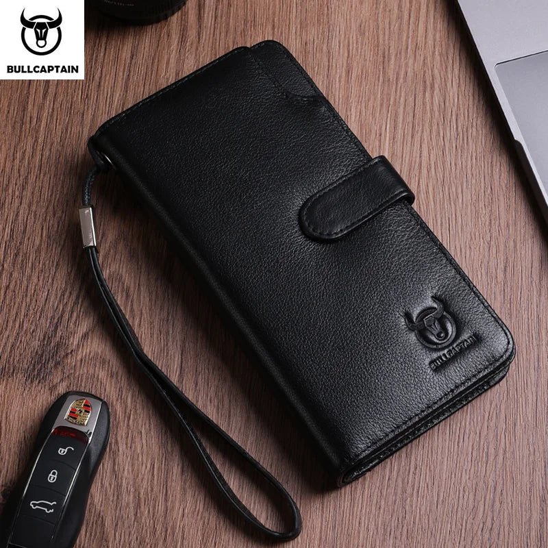 BULLCAPTAIN Men's Genuine Leather Wallet RFID Function Can Place 6.5-inch Mobile Handbag High Quality Multi Card Long Wallet
