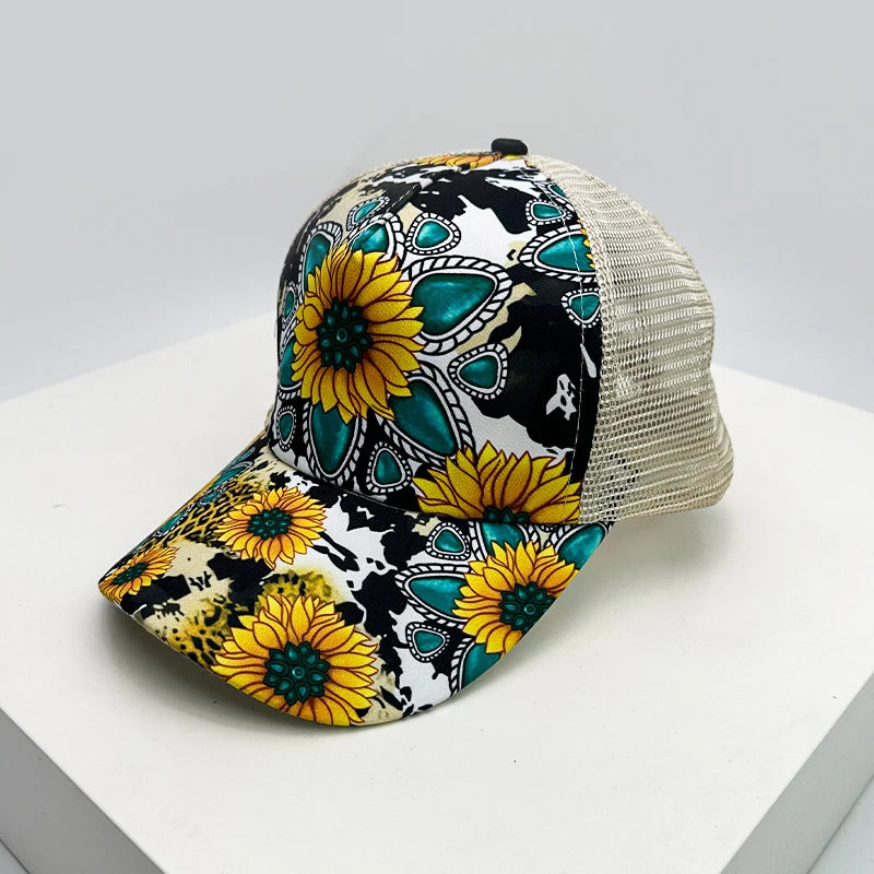 New Women Print Sunflower Color Block Baseball Hats Breathable Criss Cross Ponytail Sunshade Versatile Trucker caps Mesh Fashion
