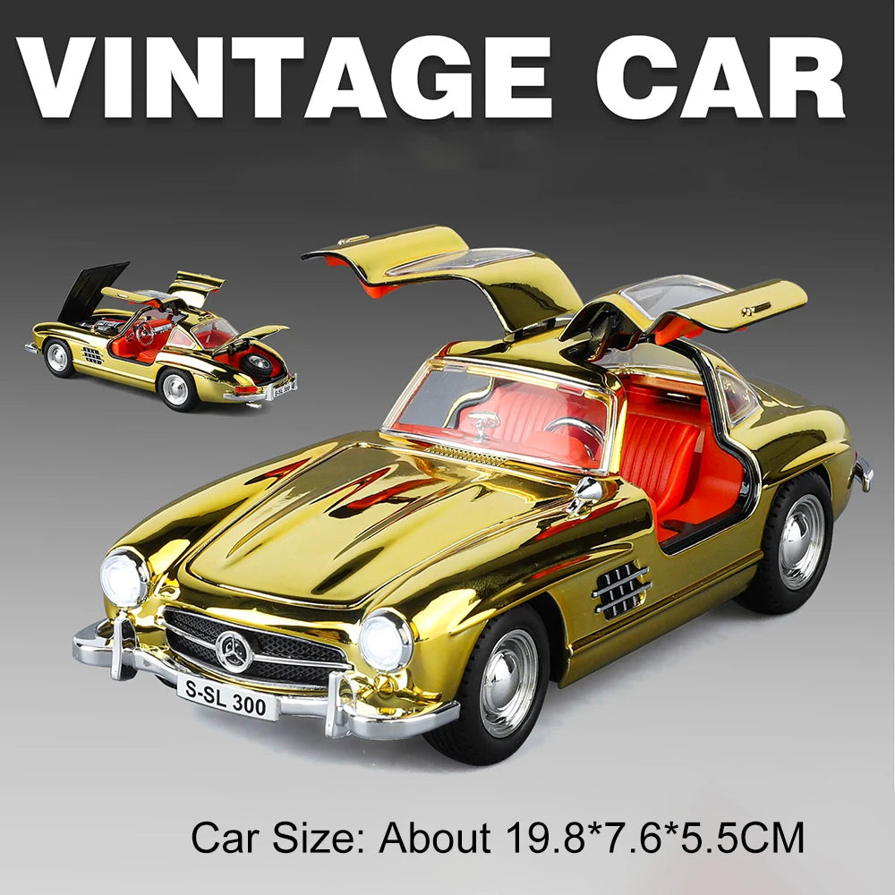 1:24 300SL 500K Alloy Vintage Car Diecast Toy Model Shock Absorption Door Opened Sound Light Pull Back Miniature Models Boy Gift