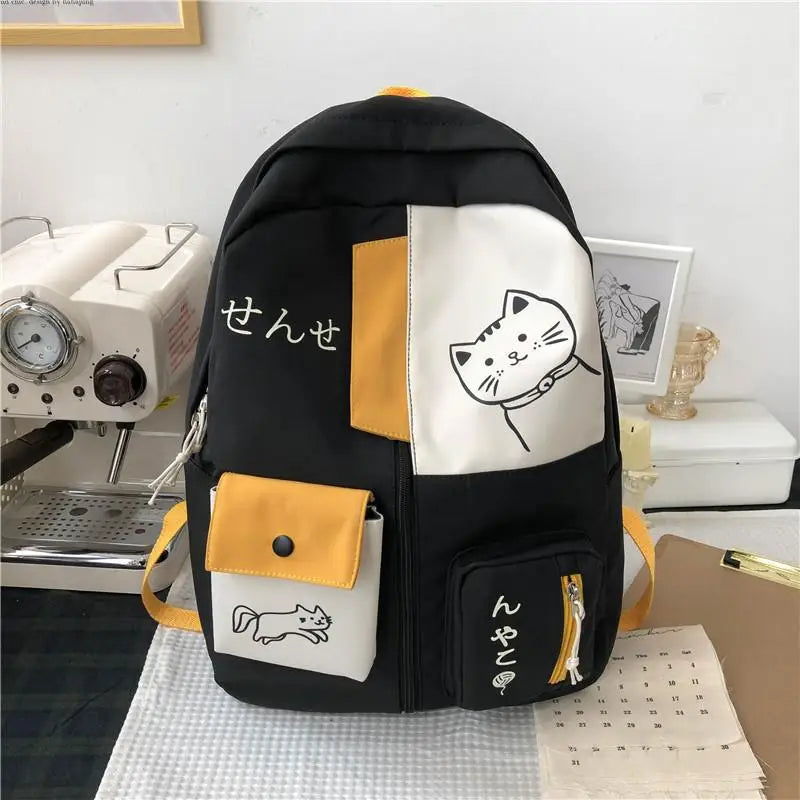 Korean Cute Cartoon Cat Women's Backpack Junior High School Students Schoolbag Large Capacity Nylon Waterproof Travel Backpack