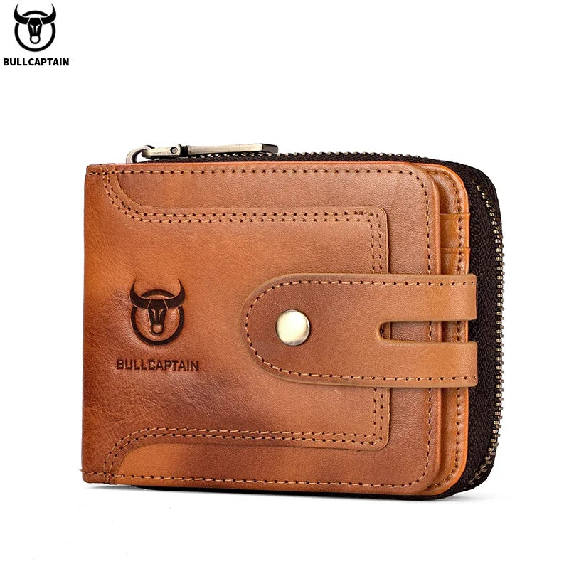 BULLCAPTAIN Men's Genuine Leather Wallet Business Casual RFID Antimagnetic Coin Card Holder Multifunctional Zipper Cash Clip