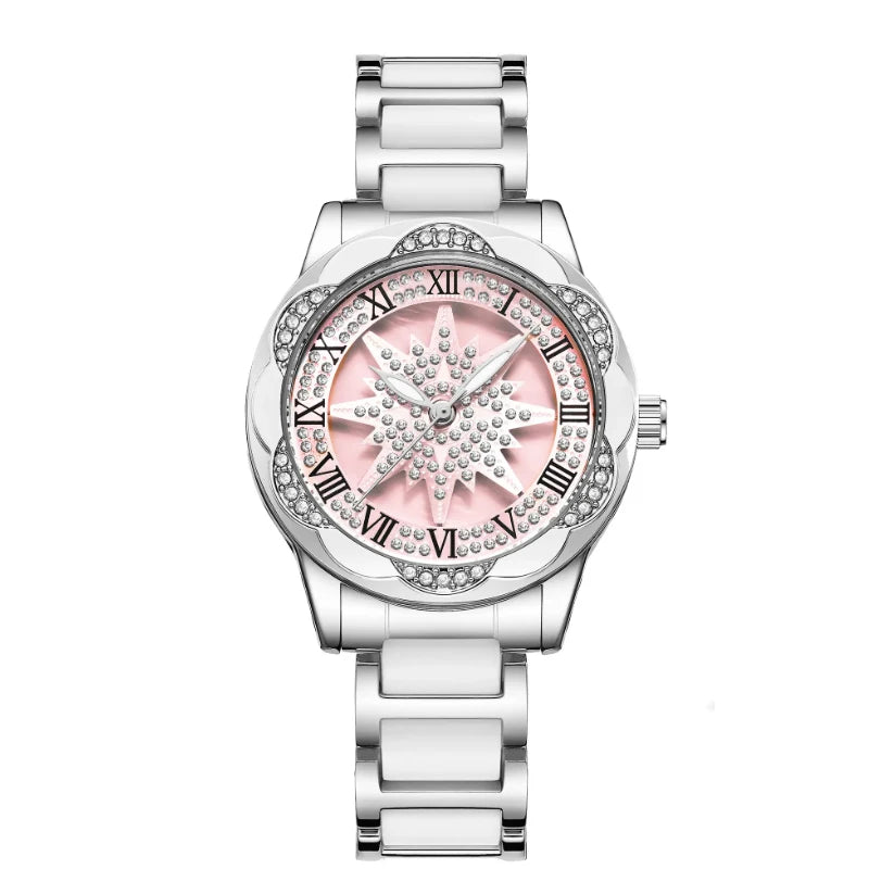 Ladies Watch Luxury Rotate Diamond Dial Wristwatch Waterproof Fashionable Elegant High End Temperament Round Woman Watches