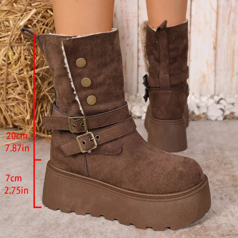 Brown Chunky Platform Women's Snow Boots Winter Retro Button Buckle Detor Snow Boots Woman Faux Suede Keep Warm Botas Mujer