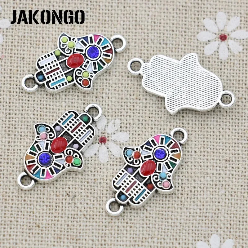 10Pcs Silver Plated Colorful Crystal Fatima Hand Connectors for Jewelry Making Bracelet Accessories DIY Craft 24x14mm