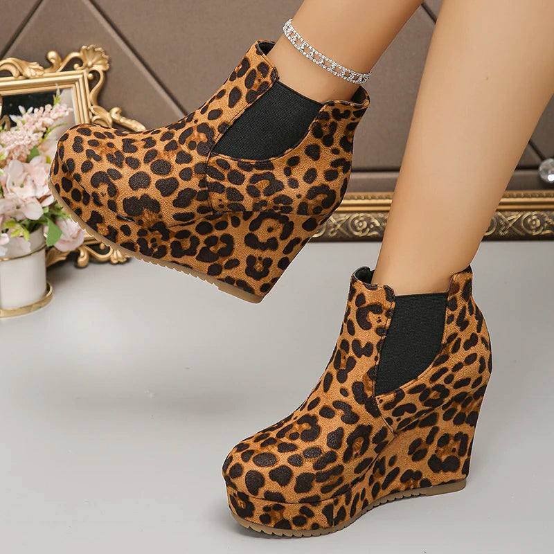 Leopard Print Chunky Wedges Ankle Boots Women Slip On Super High Heels Flock Boots Woman Plus Size 43 Platform Short Booties