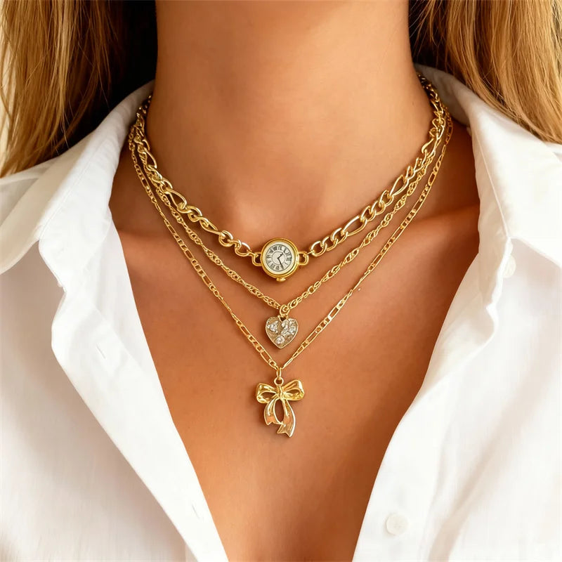 Vintage Punk Gold Plated Thick Chain Bow Heart Pendant Necklace For Women Fashion Multilyer Geometric Neck Chain Hip Hop Jewelry