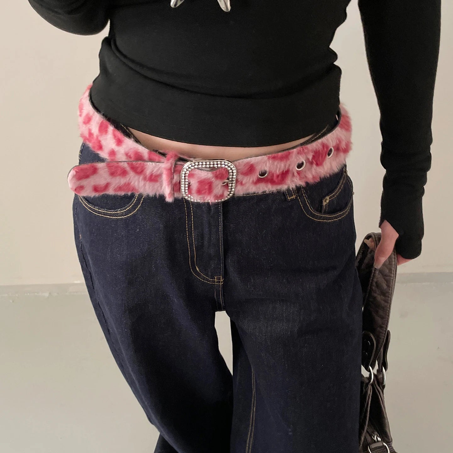 Leopard Print Diamond Studded Faux Fur Belt For Women Versatile Hot Girl Belt With Jeans Belt Decoration
