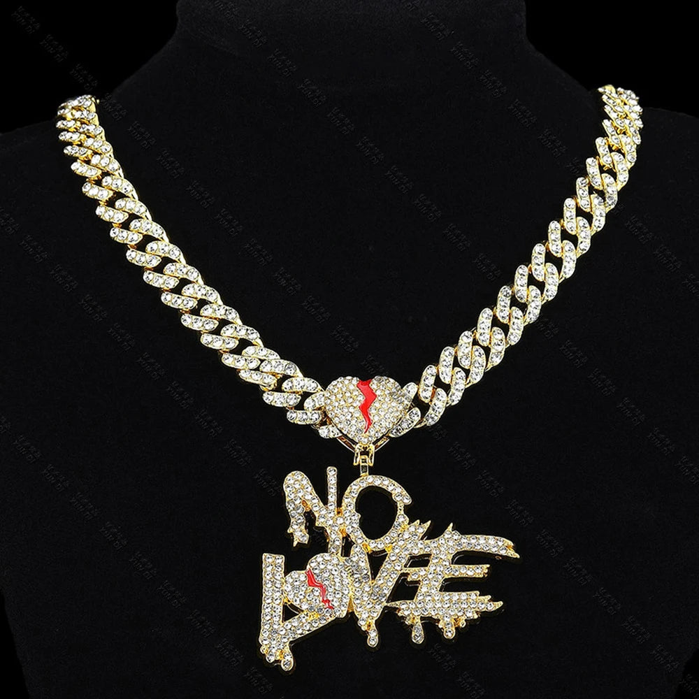 Hip Hop Iced Out Bling Crystal Cuban Chains NO LOVE Necklace Pendants For Men and Women Heart Broke Statement Necklaces Jewelry