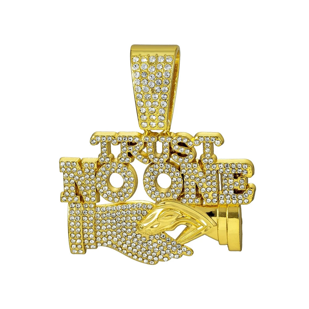 Men's Hip Hop Trust NO One Letters Pendant Necklace with 13mm Cuban Chain Ice Crystal Sparkling Handshake Necklace Jewelry Gifts