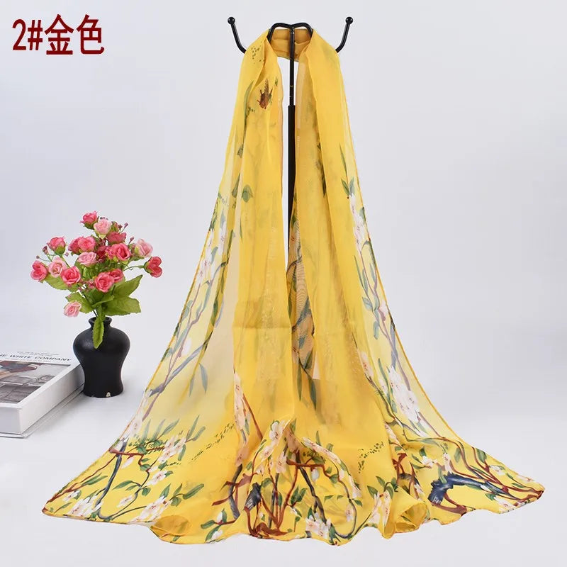 New Fresh Spring Peach Blossom Printed Chiffon Women's Long Scarves Wholesale Thin Sun Protection Women's Scarves