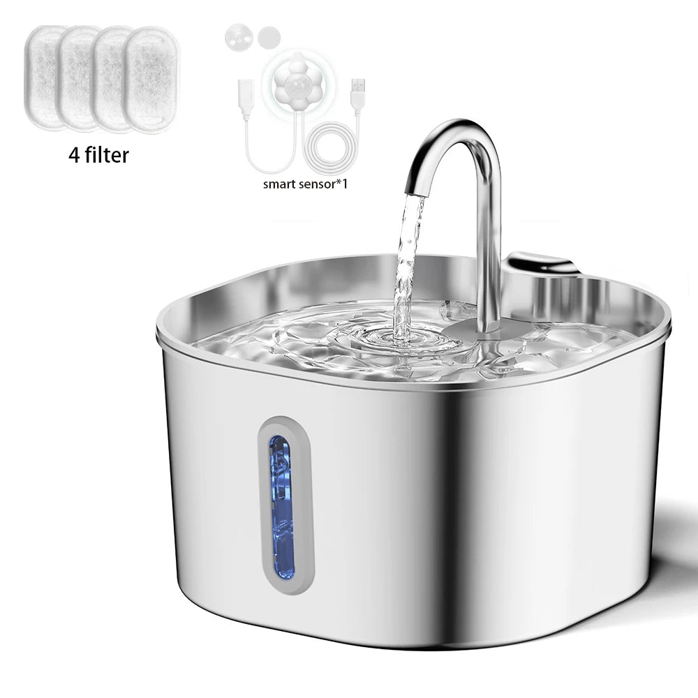 2.2L Automatic Cat Dog Water Fountain, Faucet Stainless Steel Filter Silent Pump