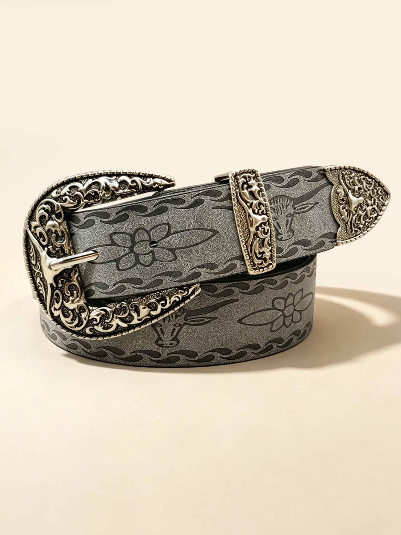 Western Style Bull Head Engraved Belt, Vintage Distressed Silver Buckle Unisex Cowboy Waistband