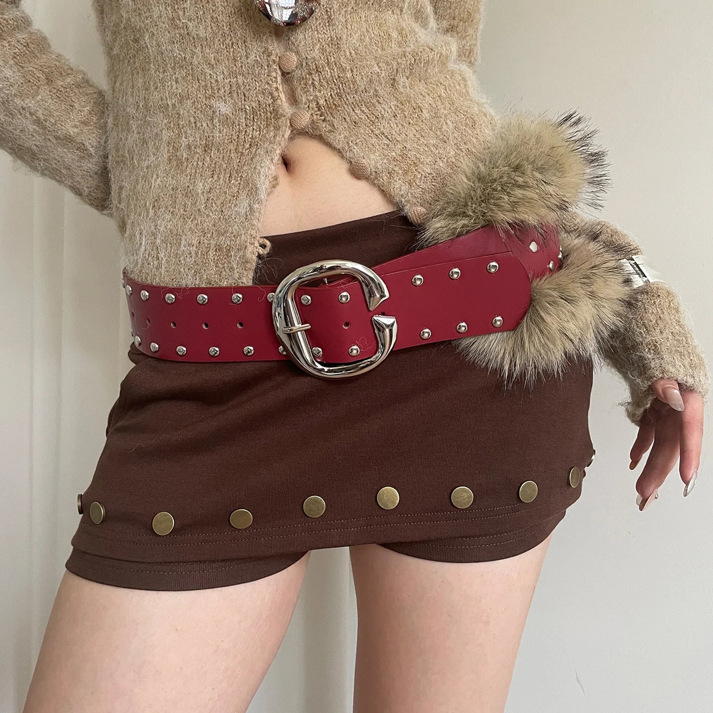 High-End Faux Fur Patchwork Red Wide Belt For Women Heavy-Duty Punk Style Rivet Waist Belt With Skirt Belt
