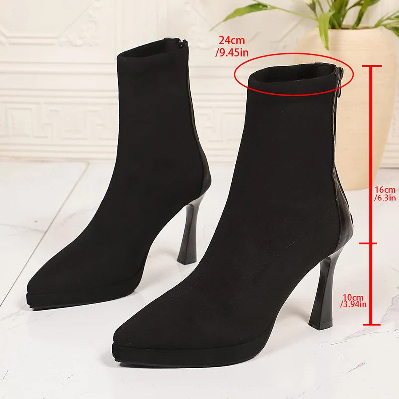 Sexy Pointed Toe Thin High Heels Boots Women Fashion Back Zipper Platform Ankle Boots Woman Super High Heeled Short Booties 42