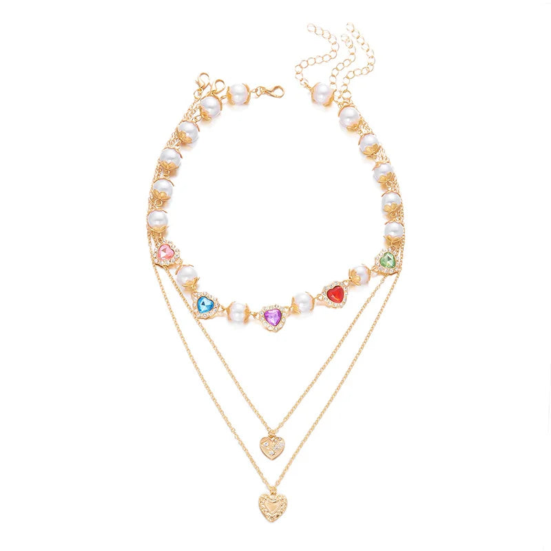 Elegant Imitation Pearl Beads Chain Necklace for Women Collar Wed Bridal Luxury Rhinestone Heart Choker Party Jewelry Gifts