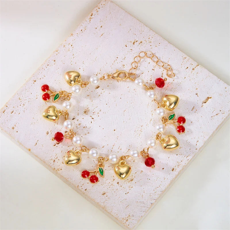 Y2K Sweet Cute Red Strawberry Cherry Pendant Necklace for Women Girls Love Heart Imitation Pearl Chain Choker Fashion Jewelry
