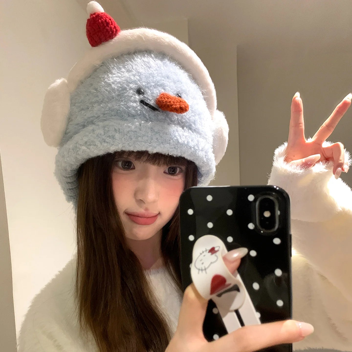 Cute Little Snowman Earmuffs Plush Hat Winter Thickening Warm Belt Adjustable Windproof Ear Protection Knitted Hat