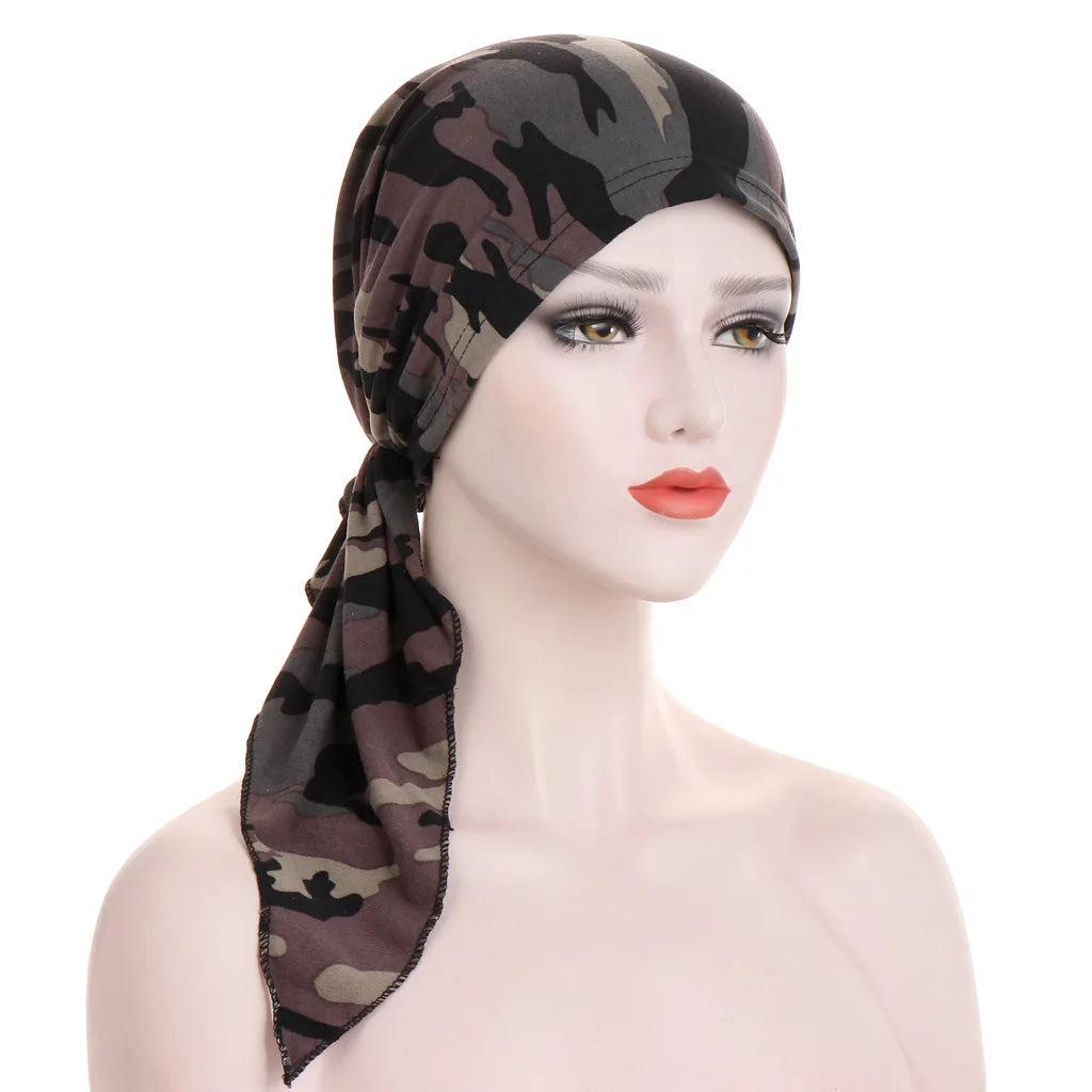 Trendy Print Women Muslim Hijab Caps Wrap Head Soft Elastic Long Tail Turban Bonnet Fashion Headdress Wearable