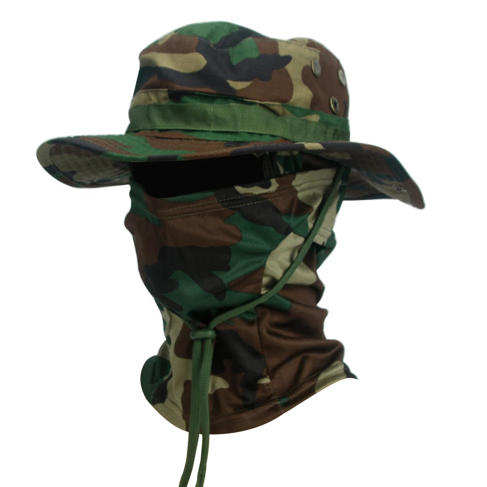 2Pcs Wide Brim Hat & Balaclava Set Men Outdoor Sun Boonie Cap Hiking Fishing Hat