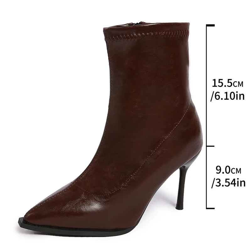 Sexy Stiletto High Heel Ankle Boots Women Plus Size 35-42 Pointed Toe Fashion Boots Woman Zip Pu Leather Short Booties Mujer