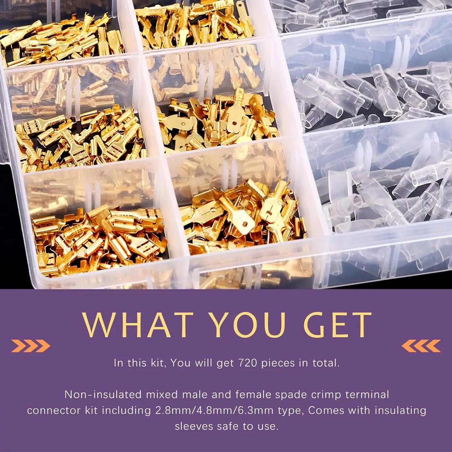 720Pcs Gold 2.8/4.8/6.3mm Male and Female Spade Quick Connectors Wire Crimp Terminal Block with Insulating Sleeve Assortment Kit