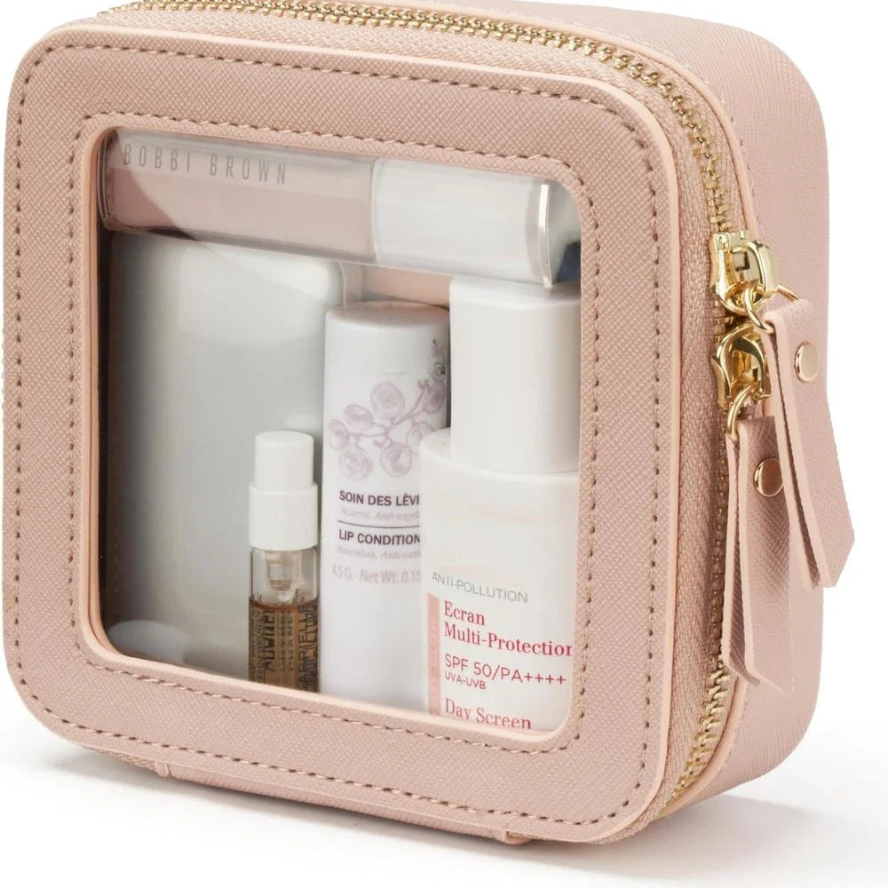 Mini Clear Makeup Bag Pu Saffiano Vegan Faux Leather Cute Small Visible Window Storage Lipsticks Cosmetics Case for Purse Pouch
