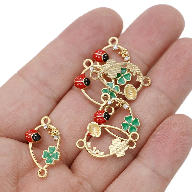 10Pcs Gold Plated Enamel Clover Ladybug Teardrop Charm Connector for Making Bracelet DIY Jewelry Accessories Handmade 24x16mm