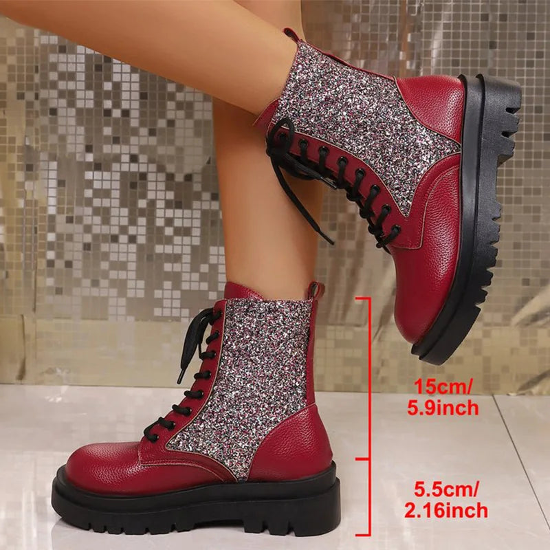 Retro Red Bling Shiny Boots for Women Lace Up Plus Size Ankle Boots Woman Spring Autumn Round Toe Thick Bottom Botas Mujer