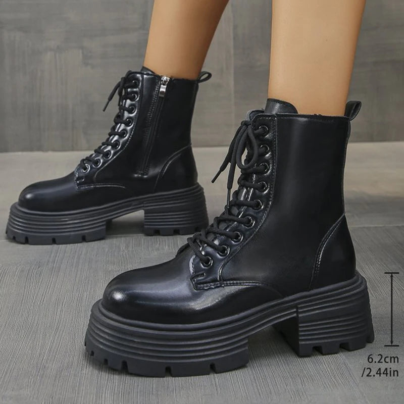 Autumn Winter Black Platform Boots Women Fashion Lace Up Zipper Ankle Boots Woman Punk Thick Heel Pu Leather Botas Mujer