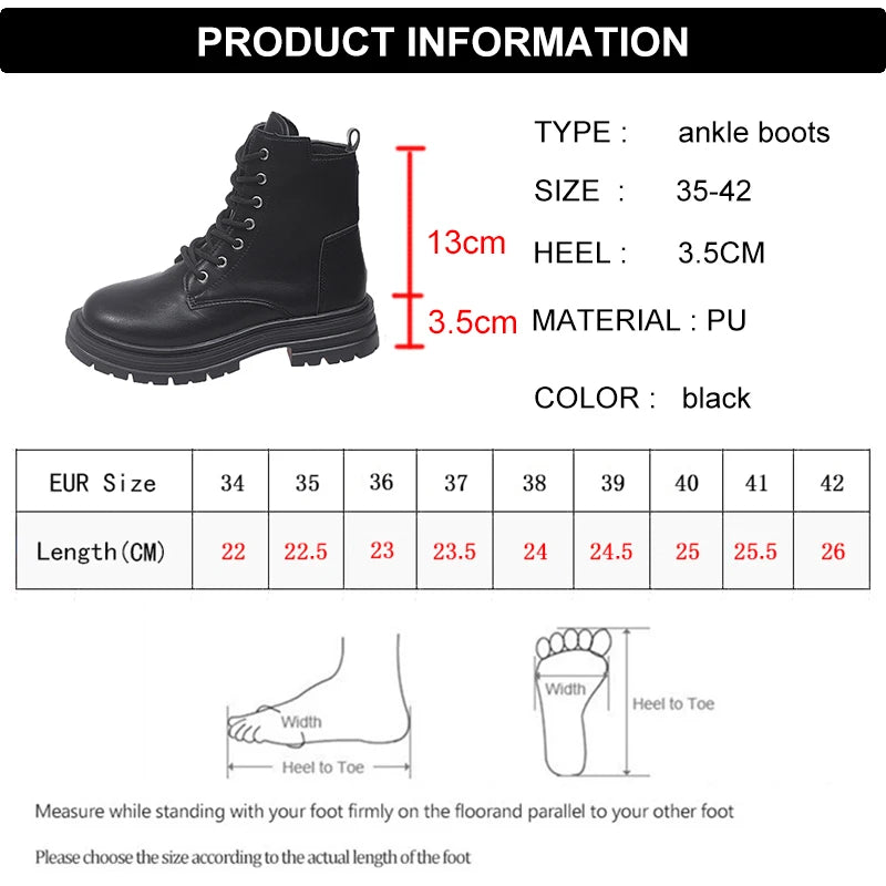Fashion Lace Up Black Ankle Boots for Women Autumn Winter Zip Platform Combat Boots Woman Classic Pu Leather Short Booties Mujer
