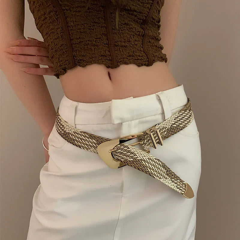 Retro Woven Belt For Women New Korean Version Matches With Jeans Versatile Decor Design With A Sense Of High-End Exclusivity