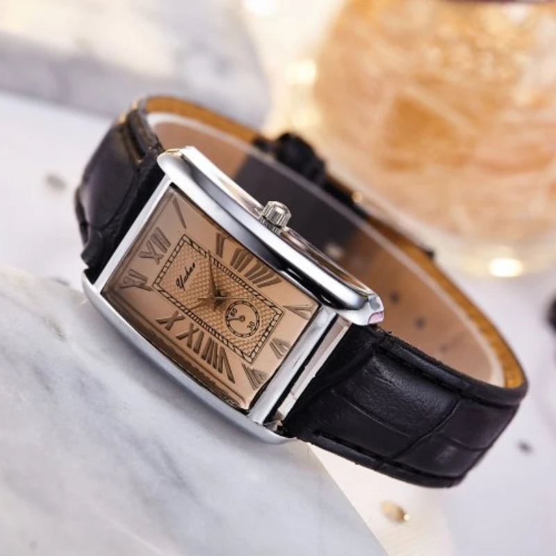 Fashion Couple Watch Luxury Rectangle Dial Women Quartz Watch Men Leather Band Casual Women Leather Wristwatch Relogio Masculino